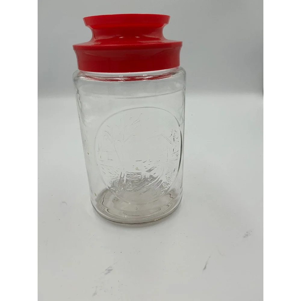 Vintage Bridge Glass Canister Embossed Cabin Scene Red Lid Kitchen Jar 1082
